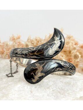 Siam Sterling Silver Bypass Style Hinged Nielloware Thai Made Vintage Bracelet
